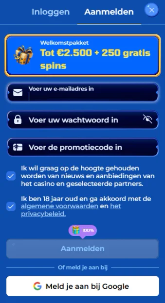 Royal Spinia-registratieformulier met welkomstpakket tot €2.500 en 250 gratis spins